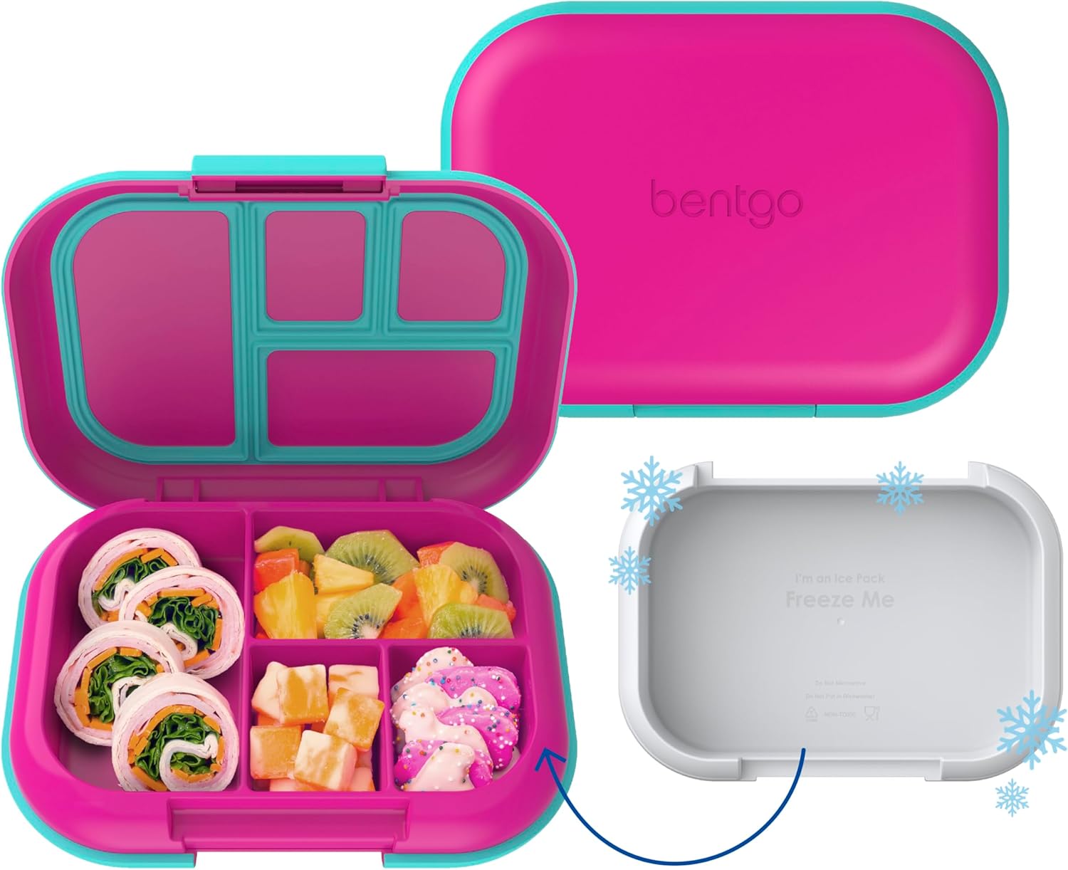 Bentgo Chill Kids Leak Proof Lunch Box   4 Compartment Bento Box With Built In Ice Pack, 3.3 Cup Capacity, PFAS & BPA Free, Microwave & Dishwasher Safe, Ideal Size For Ages 3 To 7 (Fuchsia/Teal)